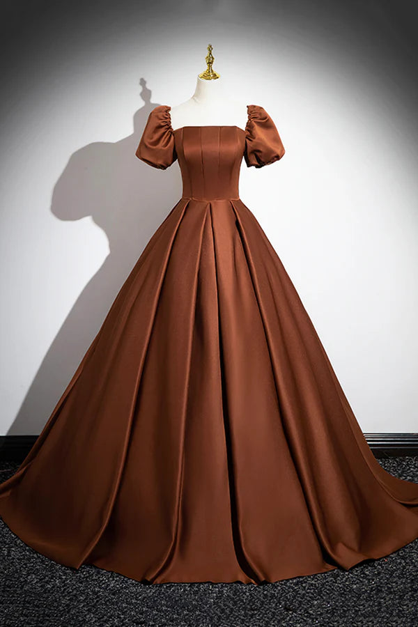Wholesale Brown Satin Long A-Line Prom Dress Off the Shoulder Evening Party Dress